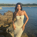 Islana Crochet Knit Maxi Dress – Backless Summer Beach Cover Up in Beige & Green