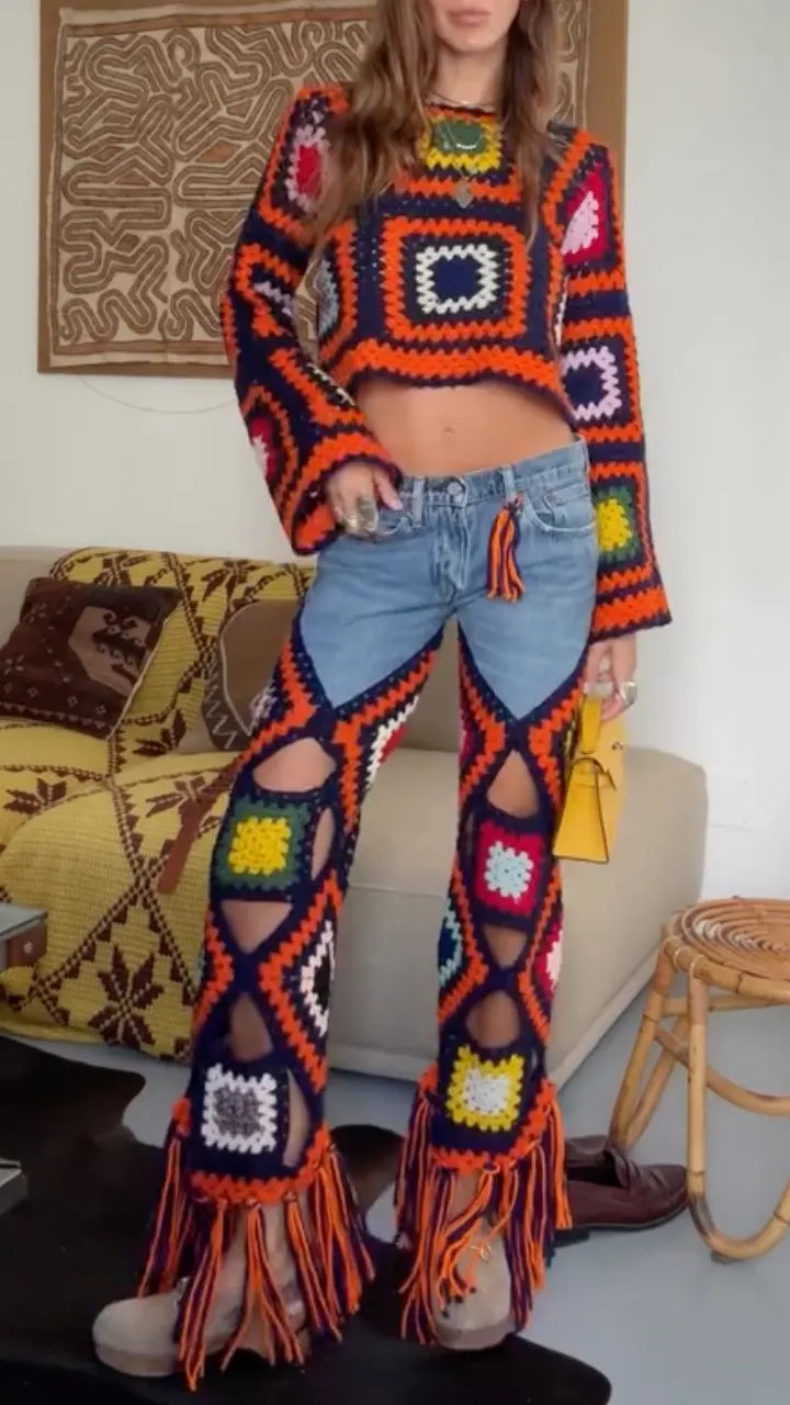 Color Block Grid Crochet Knit & Ripped Denim Pants Set