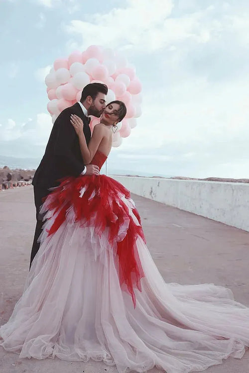 Ball Gown Tulle Ruffles Lace Up Bow  Red Sweetheart Wedding Dress
