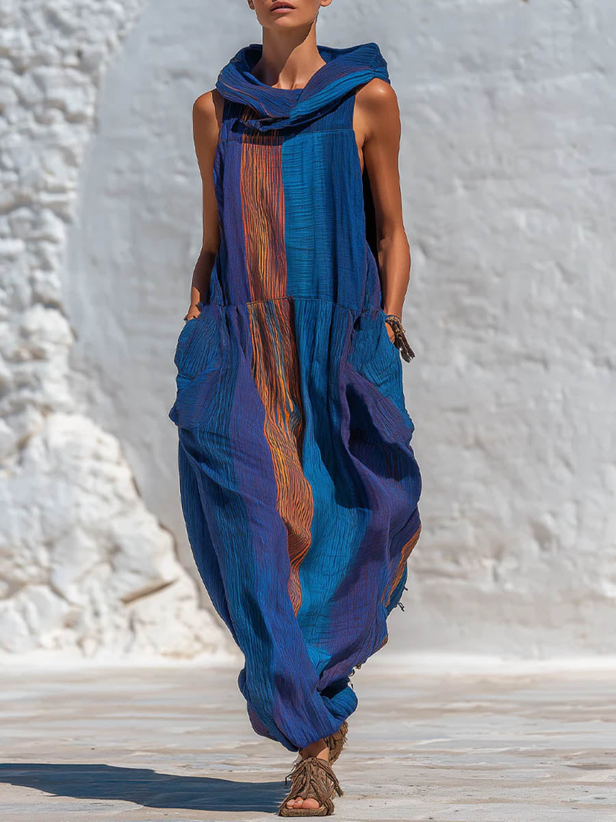 Women's Abstract Print Cowl-neck Sleeveless Casual Loose-fit Hooded Dress