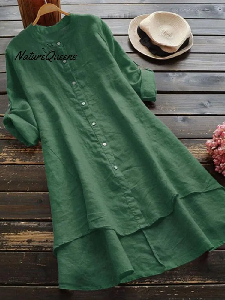 Women's Solid Color Loose Elegant Casual Cotton And Linen Shirt Dress