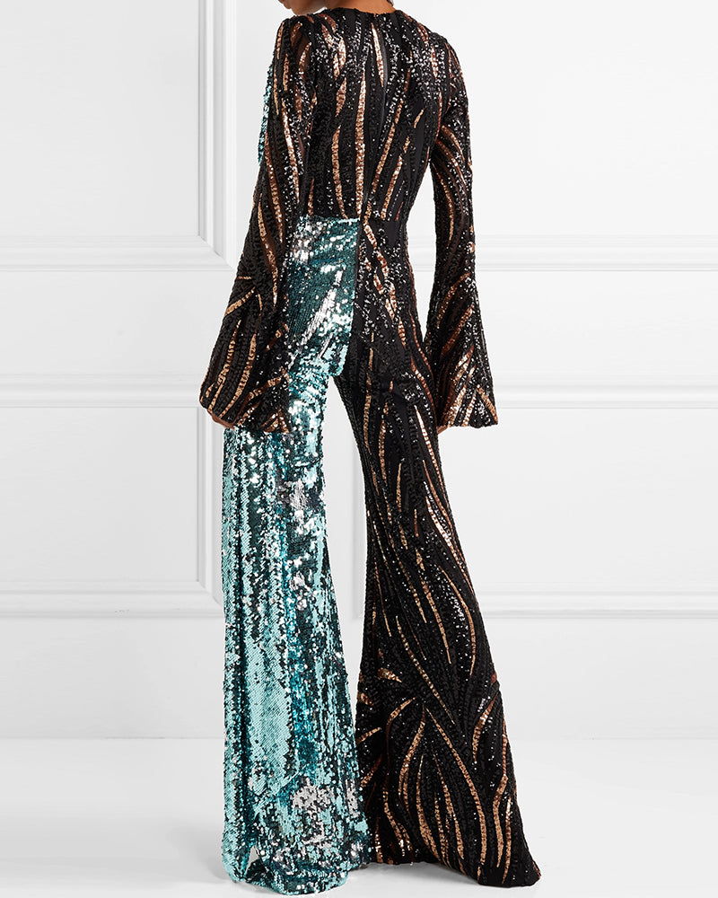 Women's Sequin Panel Two-Tone Jumpsuit