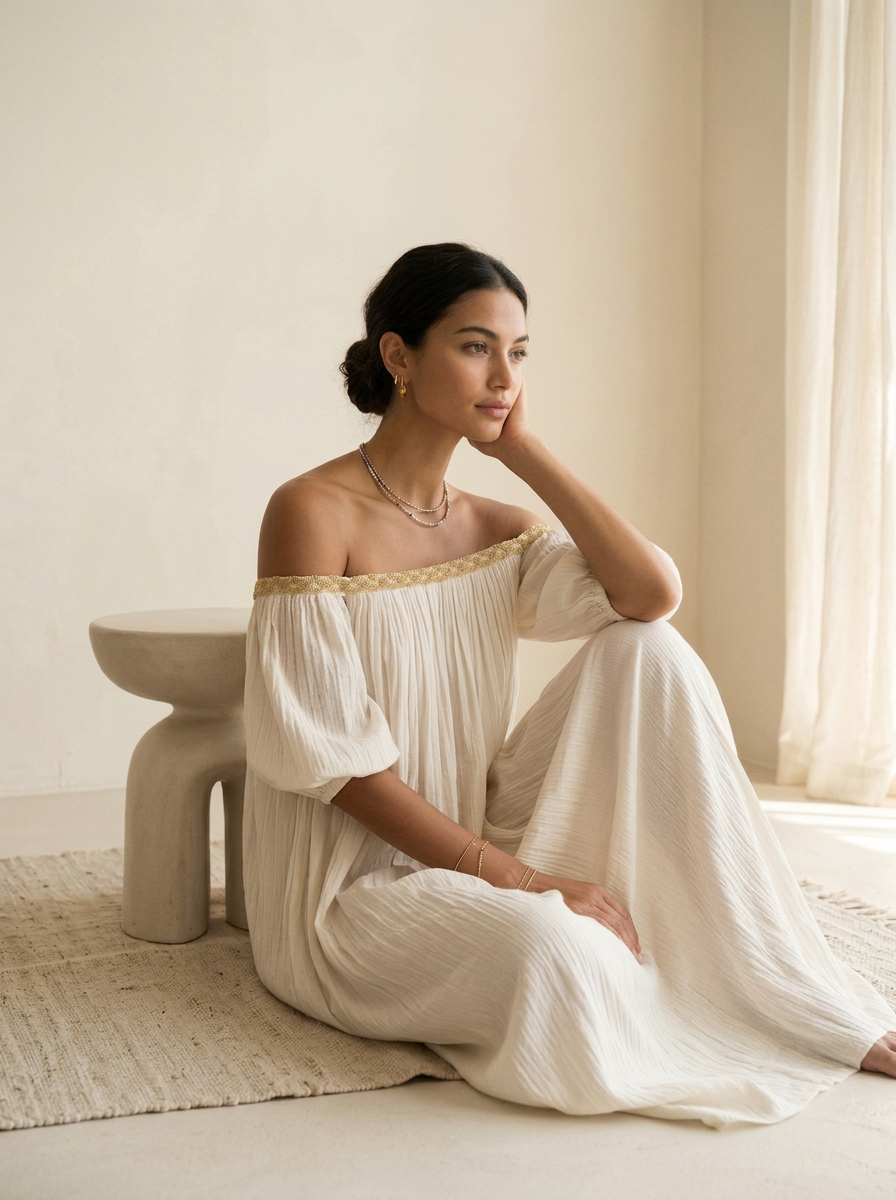 Bohemian Style Off-the-shoulder Pleated Ivory Long Dress