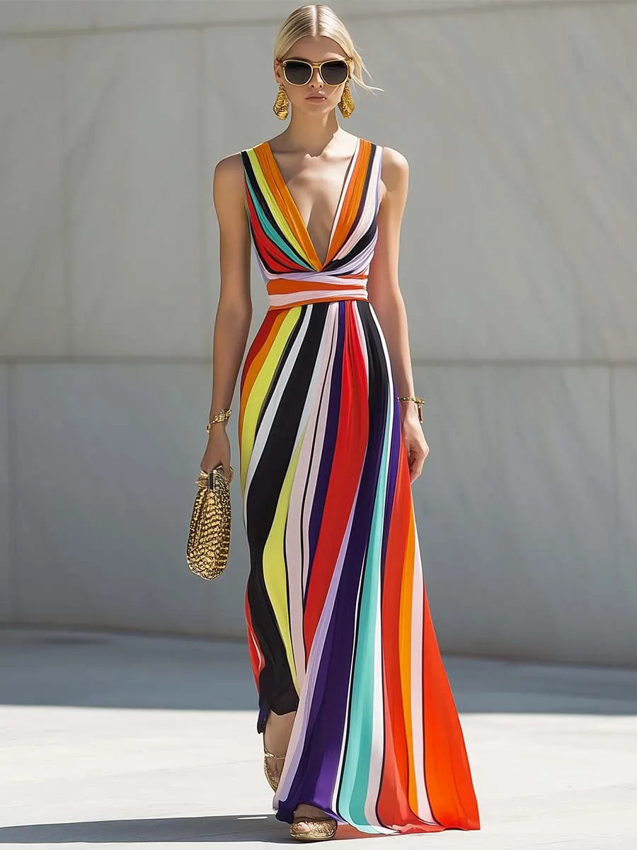 [24-hour shipping out]Elegant Flowing V-neck Rainbow Stripe Print Chiffon Maxi Dress
