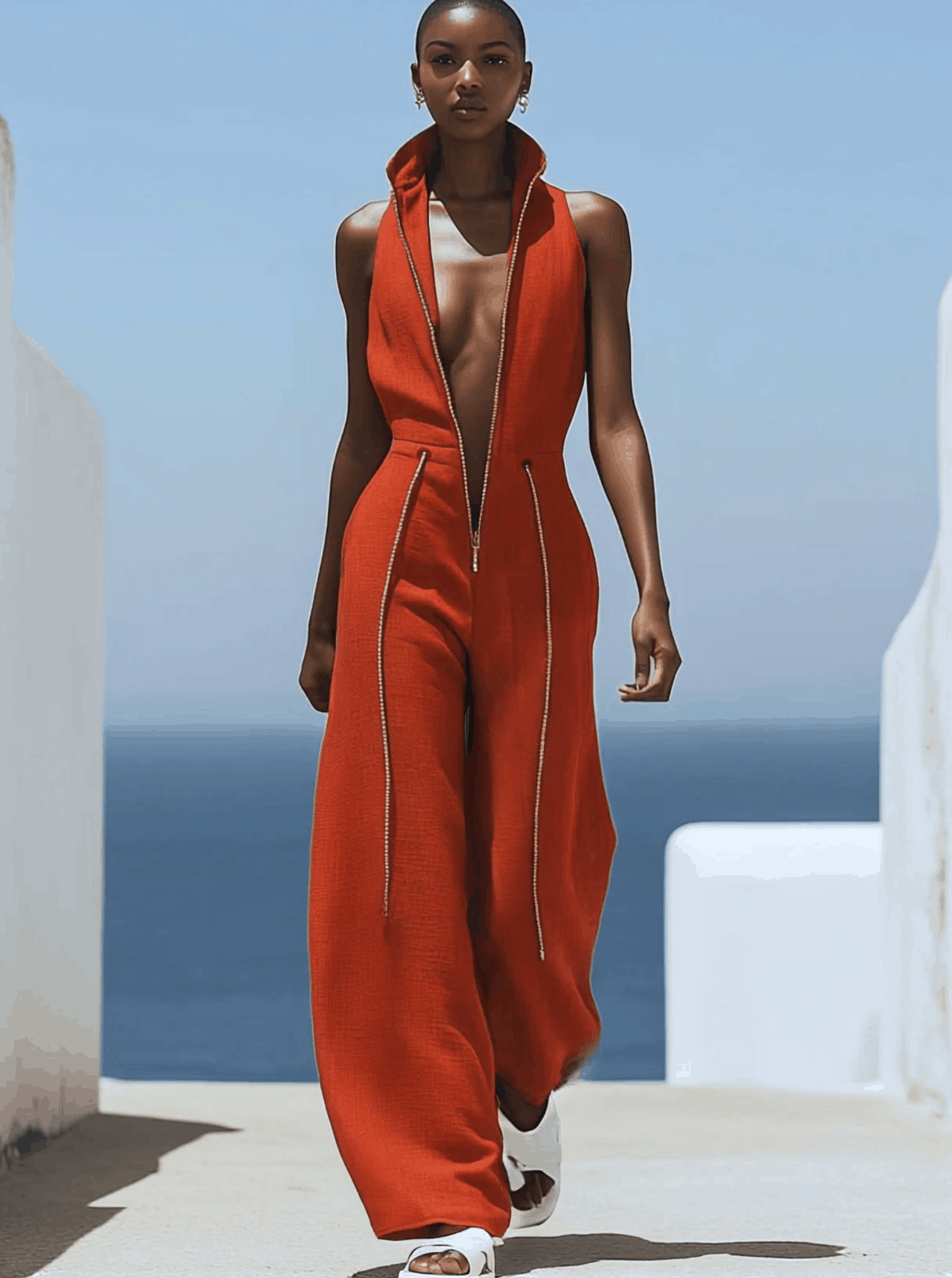[24-hour shipping out]Casual Retro Red Cotton and Linen Zipper Sleeveless Elastic Waist Wide Leg Jumpsuit