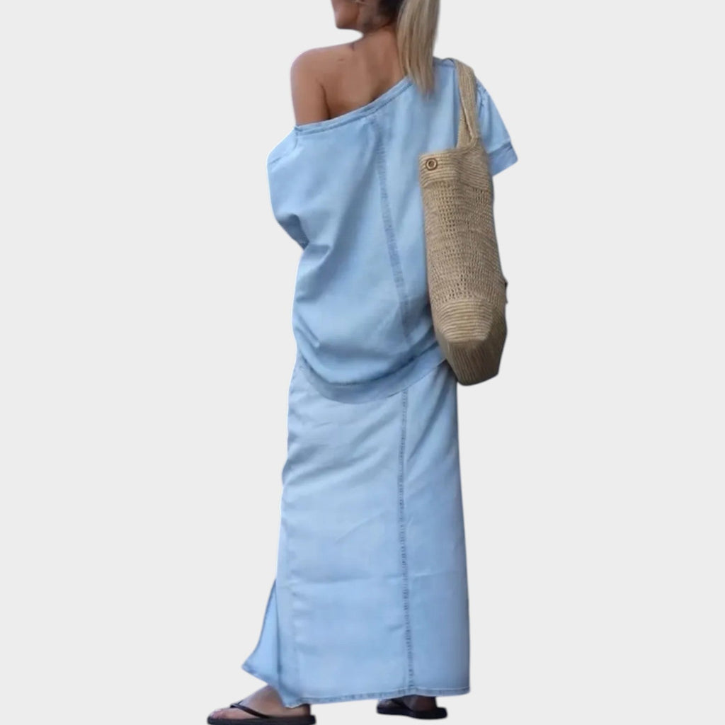 Off-Shoulder Denim Maxi Skirt Set
