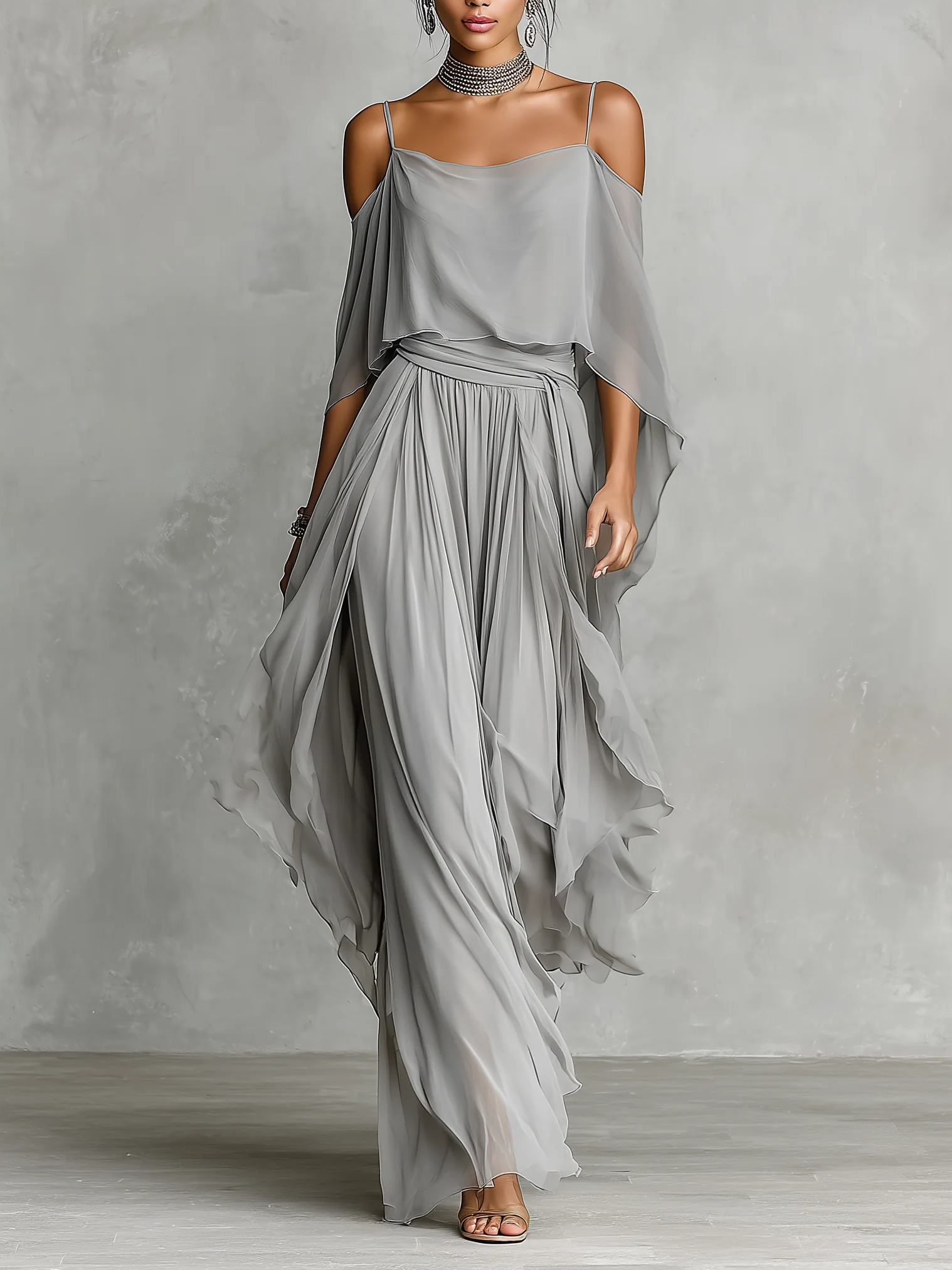 Flowy Off-shoulder Blouse And Skirt Two-piece Set