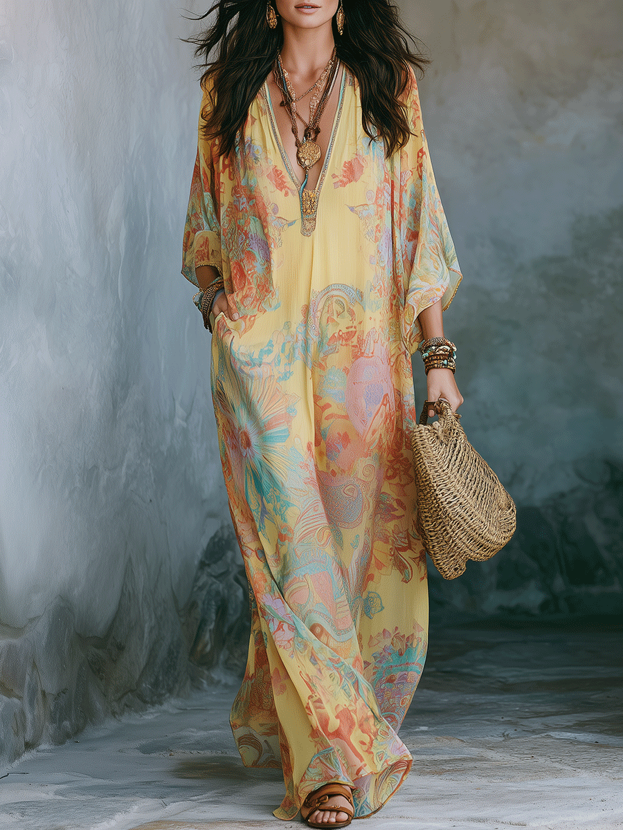 Elegant Vacation Golden Sunset Boho Oversized Caftan Maxi Dress