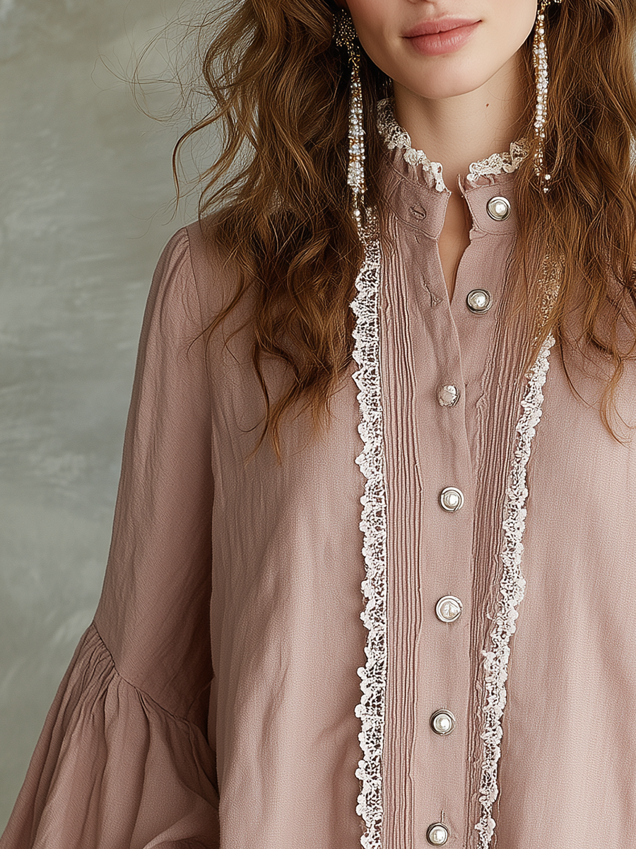 Delicate Blush Lace Trim Ruffle Blouse