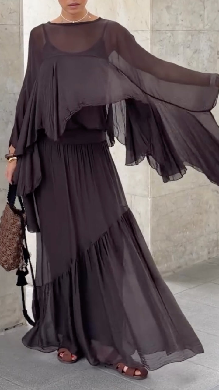 Sheer Ruffle Top & Pleated Maxi Skirt Co‑Ord Set