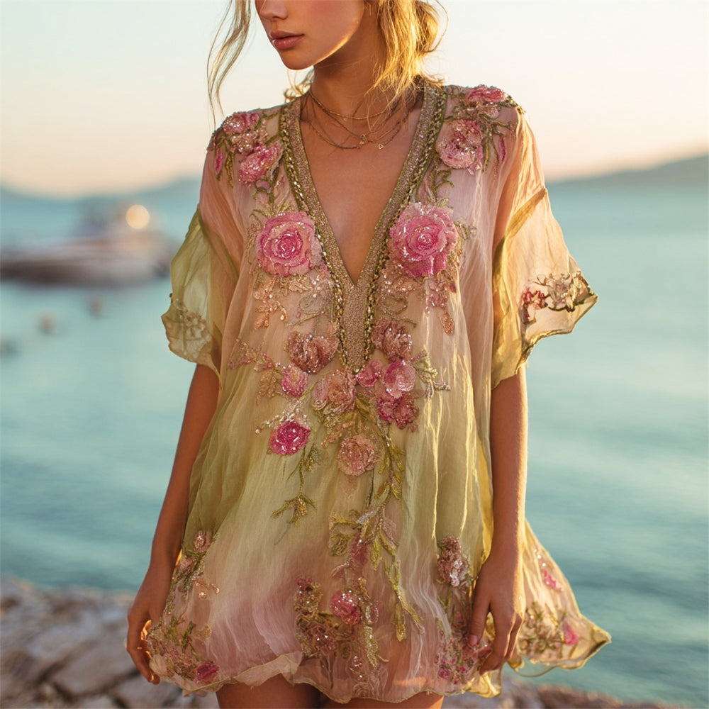 Vintage Boho Floral Embroidery Gradient Women's V-neck Loose Mini Dress
