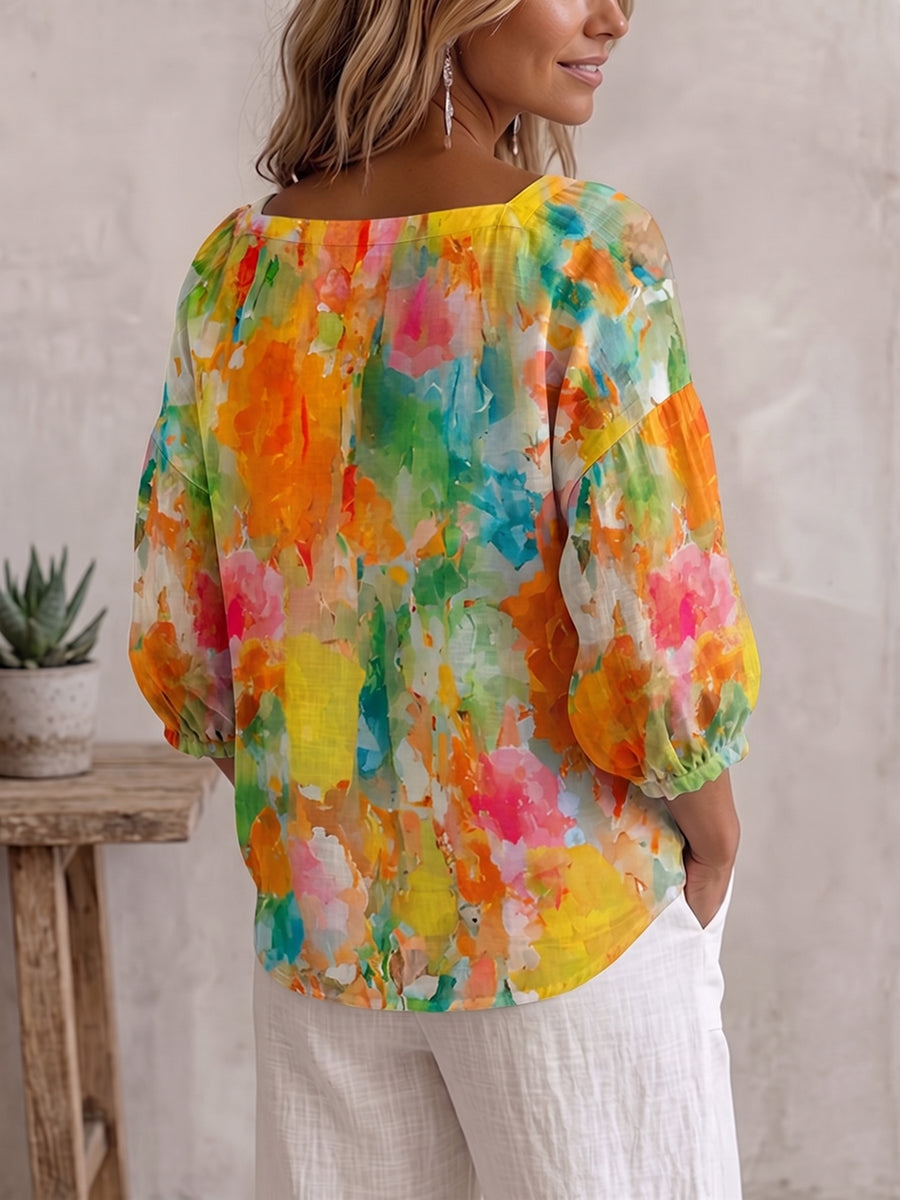 Summer Colorful Watercolor-print Cotton-linen Blouse