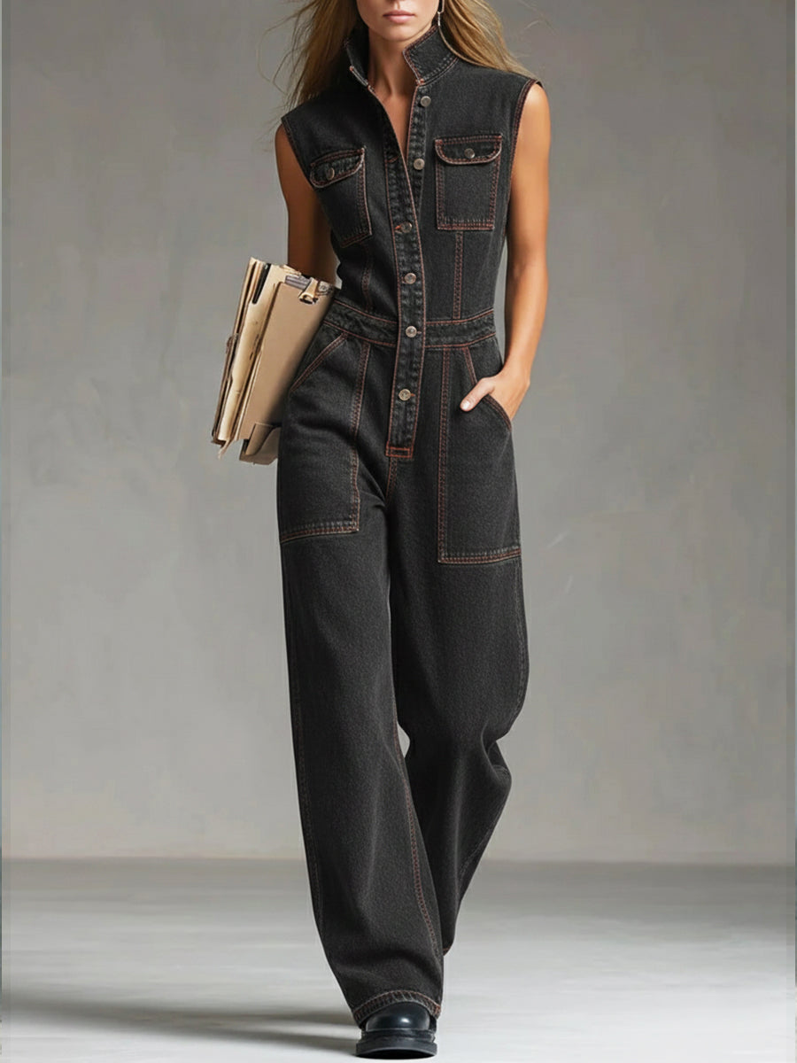 Women's Casual Sleeveless Cotton Denim Jumpsuit