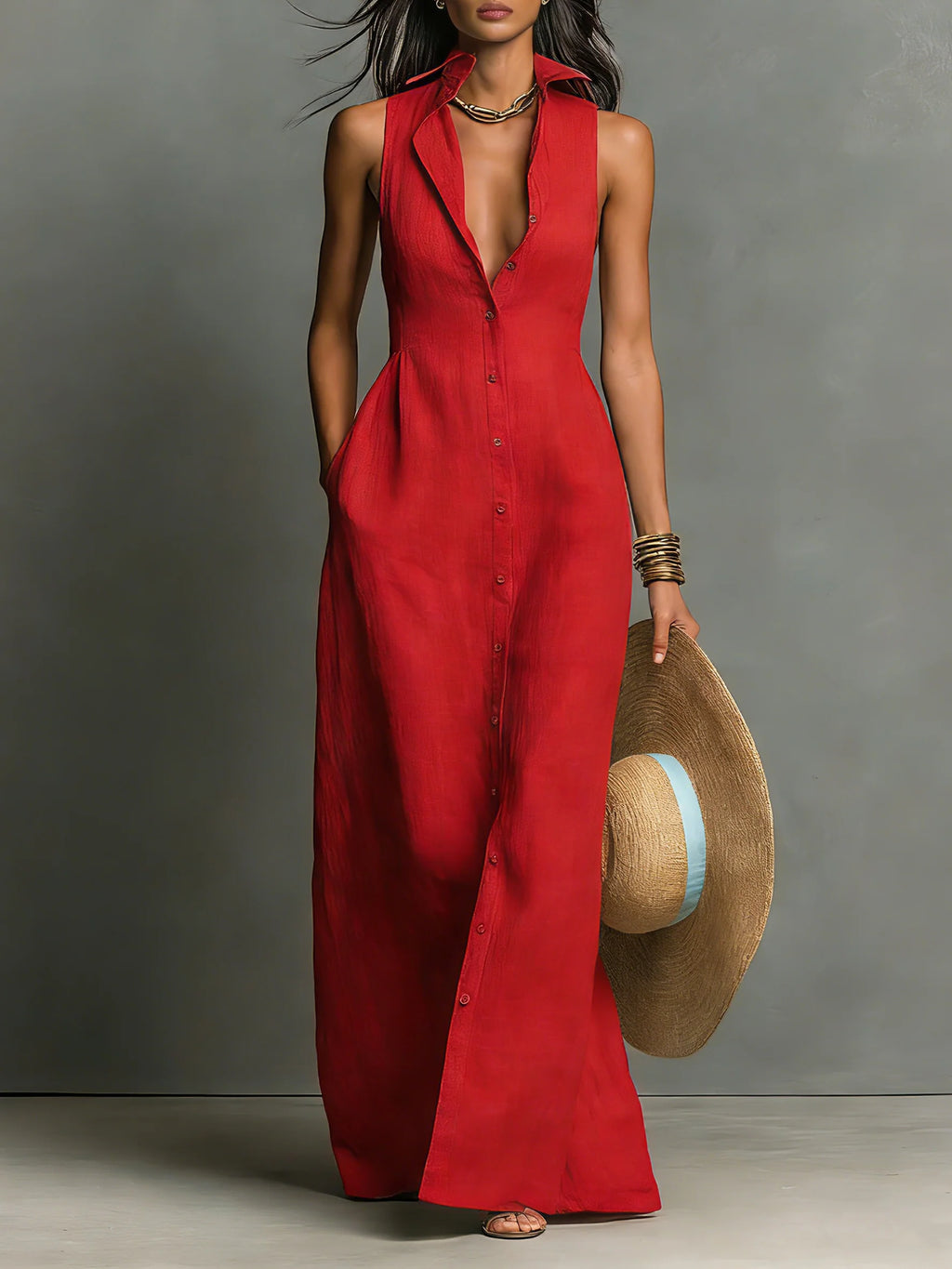 Linen Sleeveless Shirt Maxi Dress
