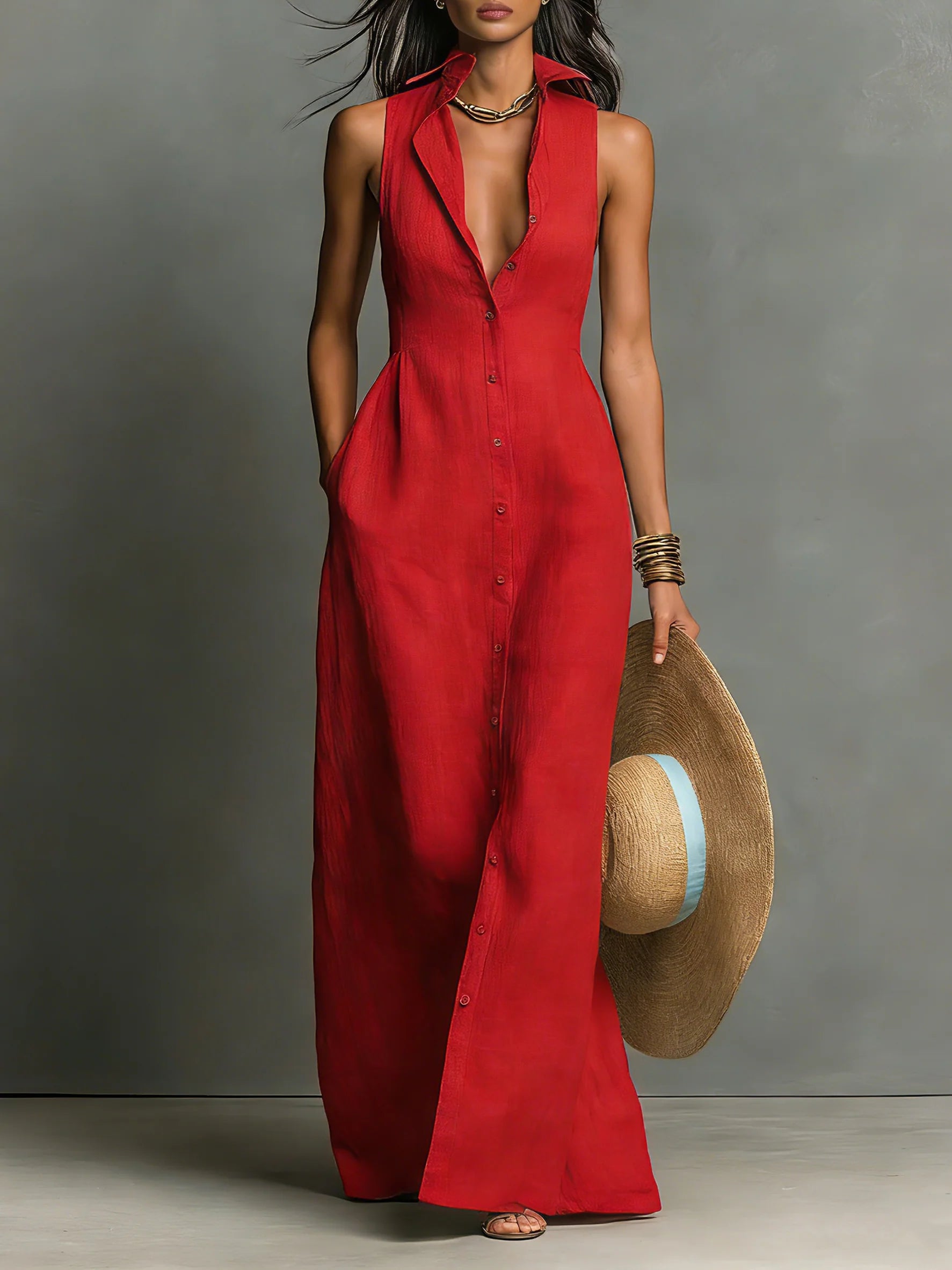 Linen Sleeveless Shirt Maxi Dress