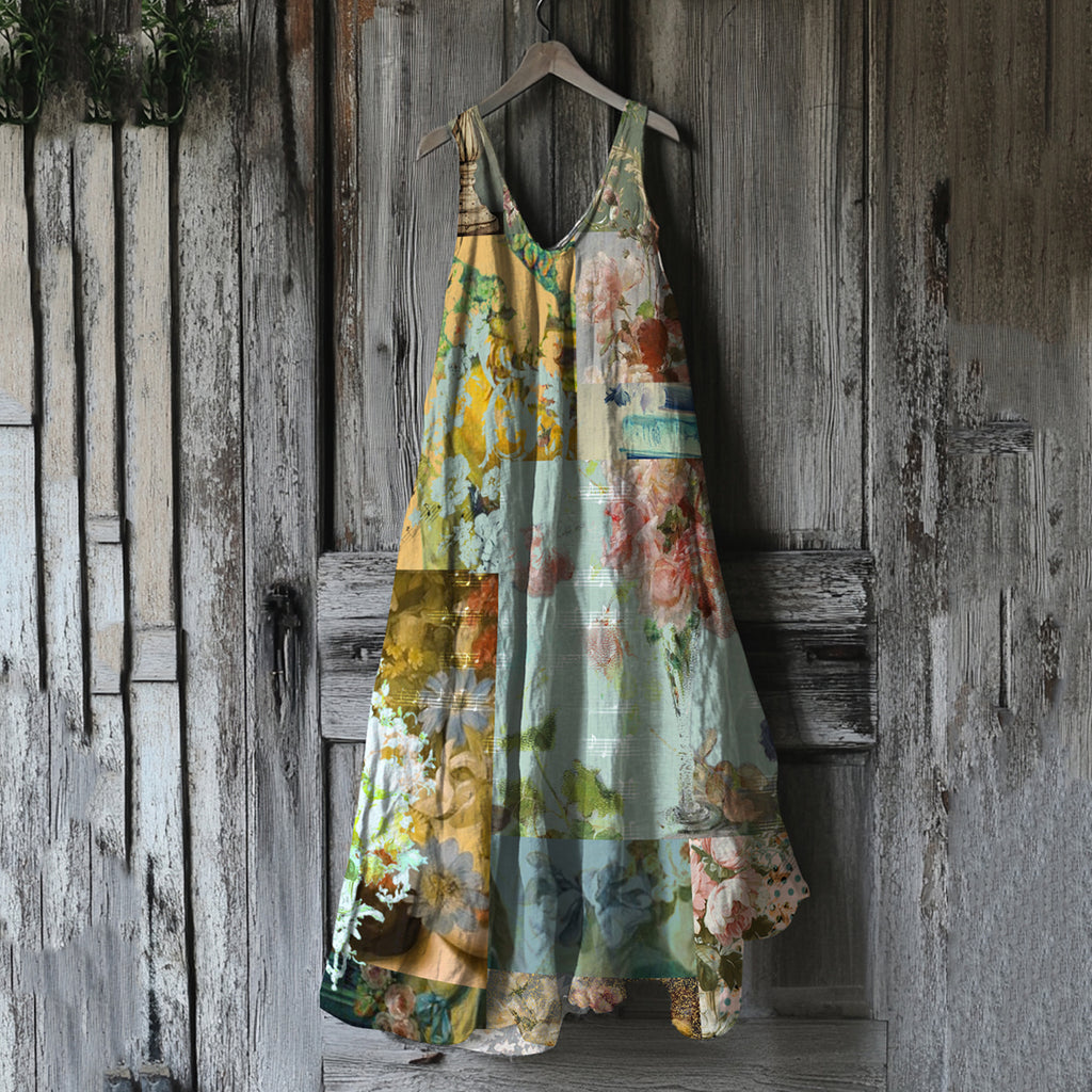 Vintage Floral Art Linen Blend Tank Midi Dress fc78