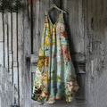 Vintage Floral Art Linen Blend Tank Midi Dress fc78