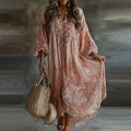 Women's Floral Art Flowy Linen Blend Casual Long Sleeve Maxi Dress