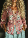 Women's Retro Floral Art Print Casual Cotton Linen Shirt