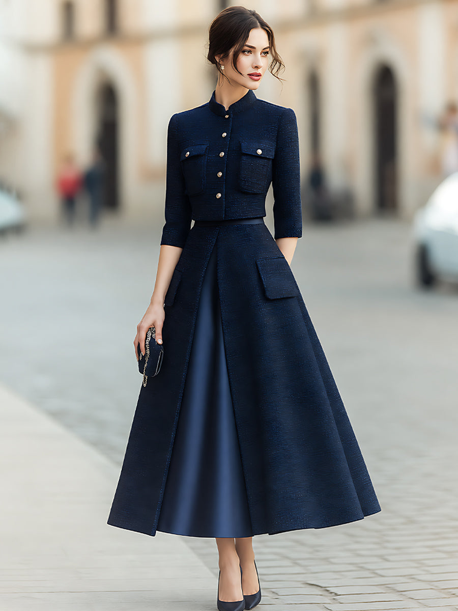 Couture-Inspired Cropped Jacket And Silk-Panel Maxi Skirt Set