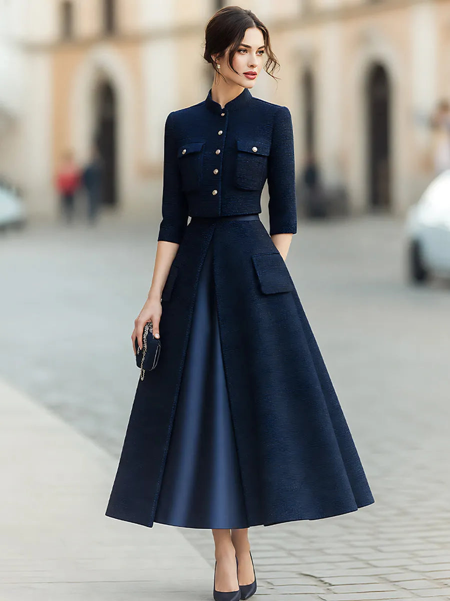 Couture-Inspired Cropped Jacket And Silk-Panel Maxi Skirt Set