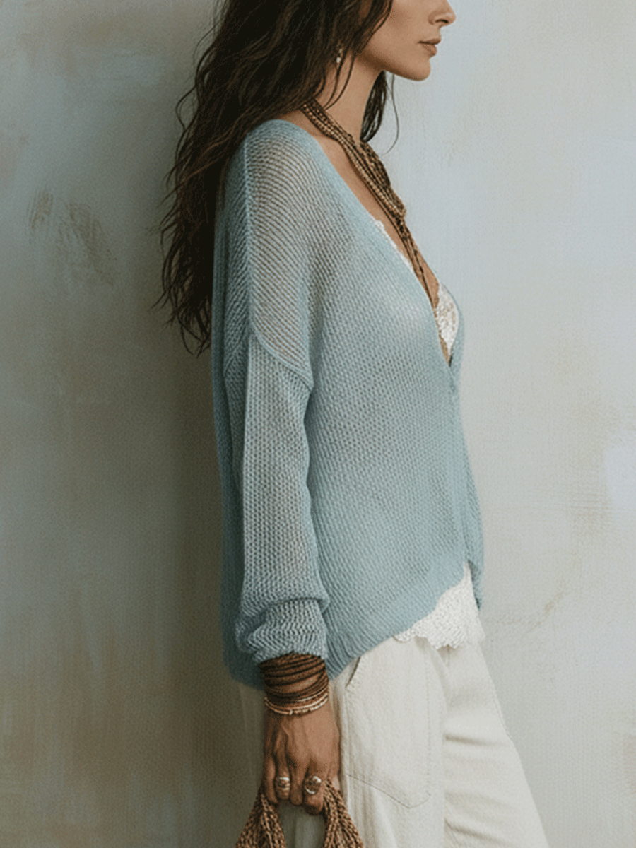 Effortless Coastal Breeze Powder Blue Lightweight Sweater