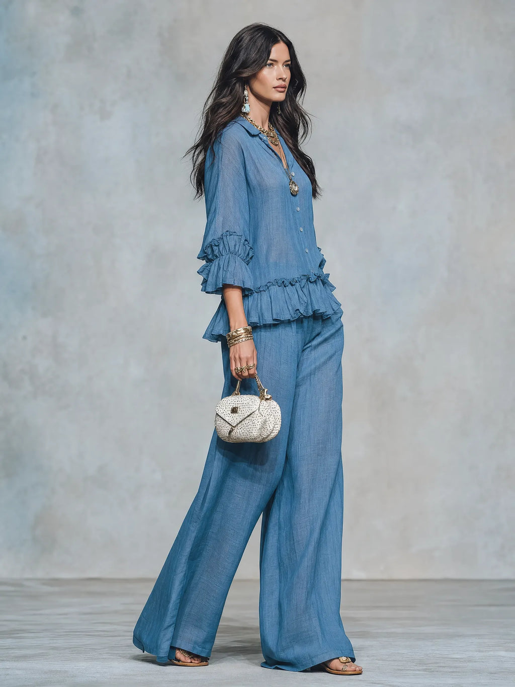 Women's Sheer Ruffle Blouse & Wide Leg Pants Two-Piece Set