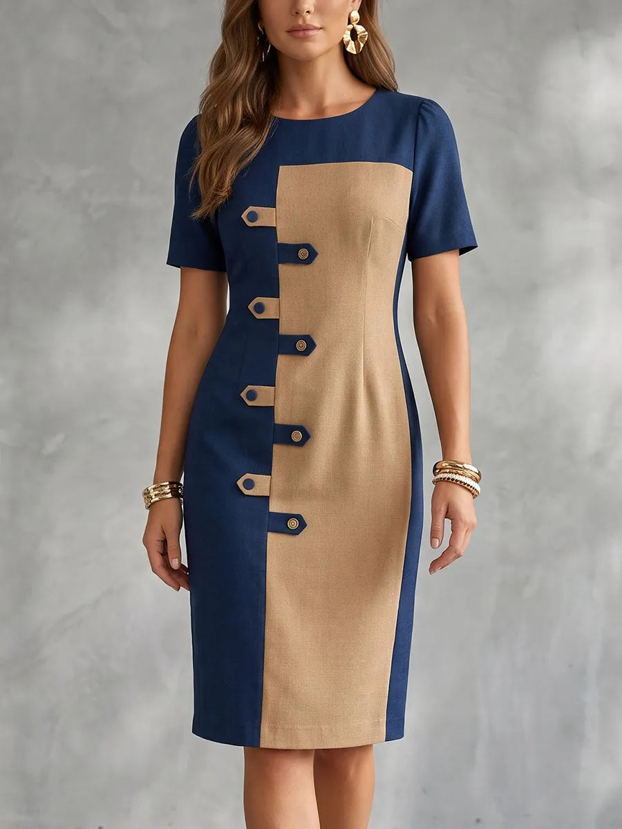 Zipper Split-back Split-Joint Contrast Color Buttoned Short Sleeves Bodycon Round-neck Midi Dresses