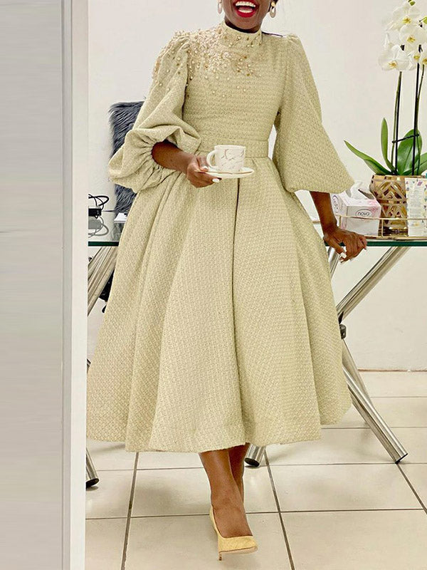 Simple Round-Neck Puff Sleeve Empire A-Line Midi Dress