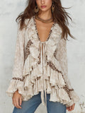 Romantic Ruffled Leopard Print Tie Front Blouse
