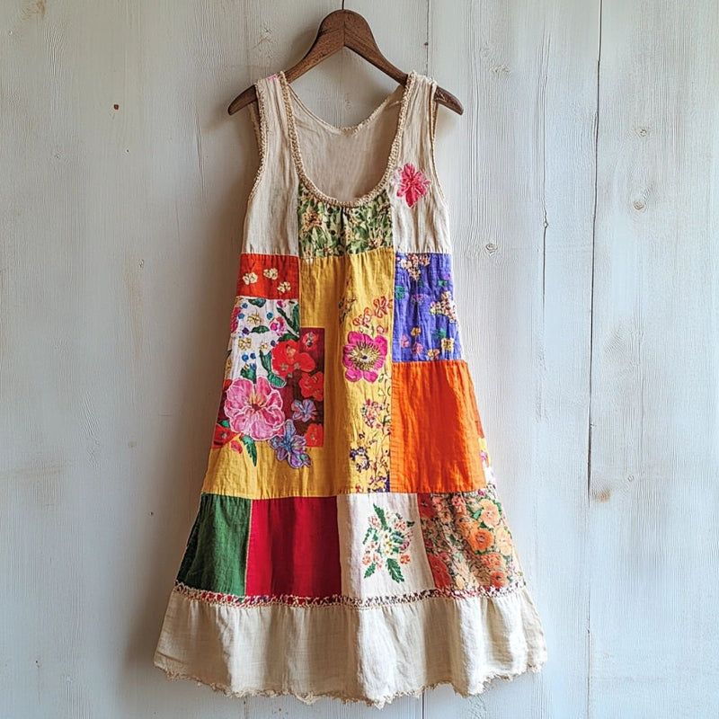 Boho Floral Patchwork Art Linen Blend Dress 1ebd