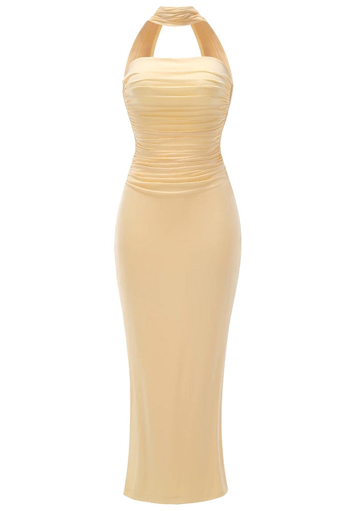 Choker Strapless Draped Floral Maxi Dress Yellow