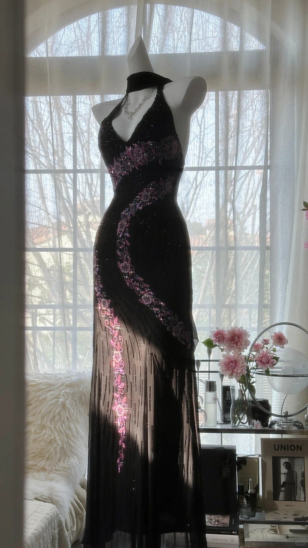 Black Shiny Vintage Elegant Romantic Delicate Pink Floral Beading Long Chiffon Homecoming Ball Gown Evening Dress Birthday/Wedding Guest/Holiday Party Dress Prom Dress 4025