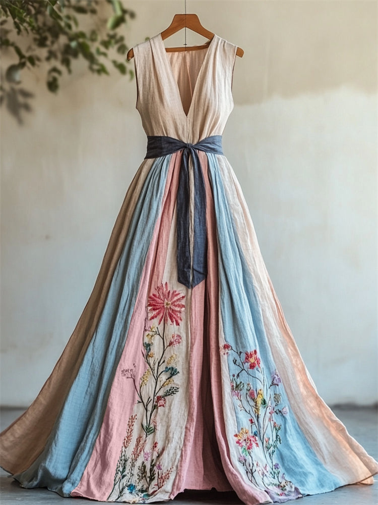 Floral Embroidered Transgender Colorblock Linen Maxi Dress