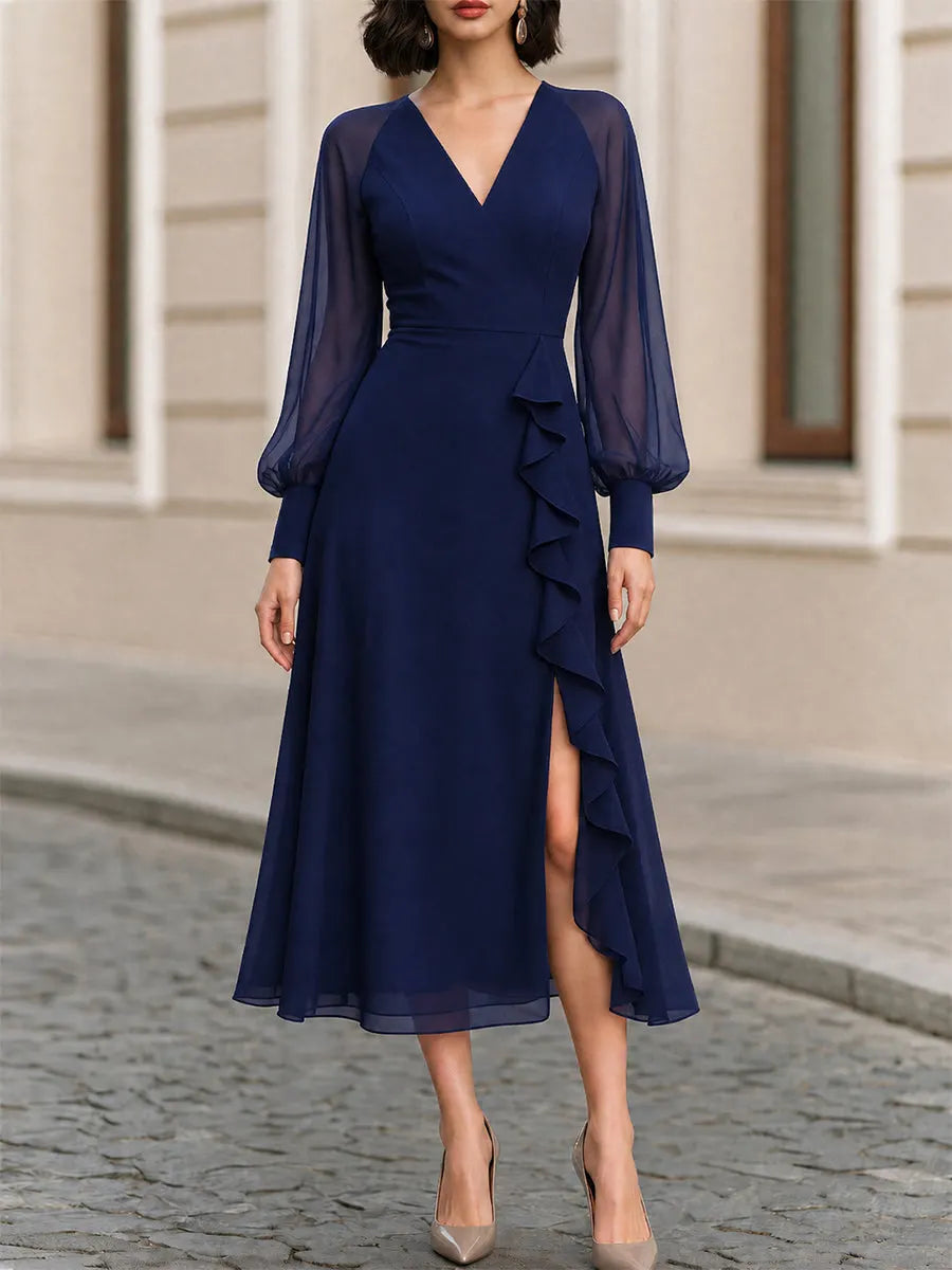 V-Neck Sheer Puff Long Sleeve Ruffle Slit Navy Chiffon Midi Dress