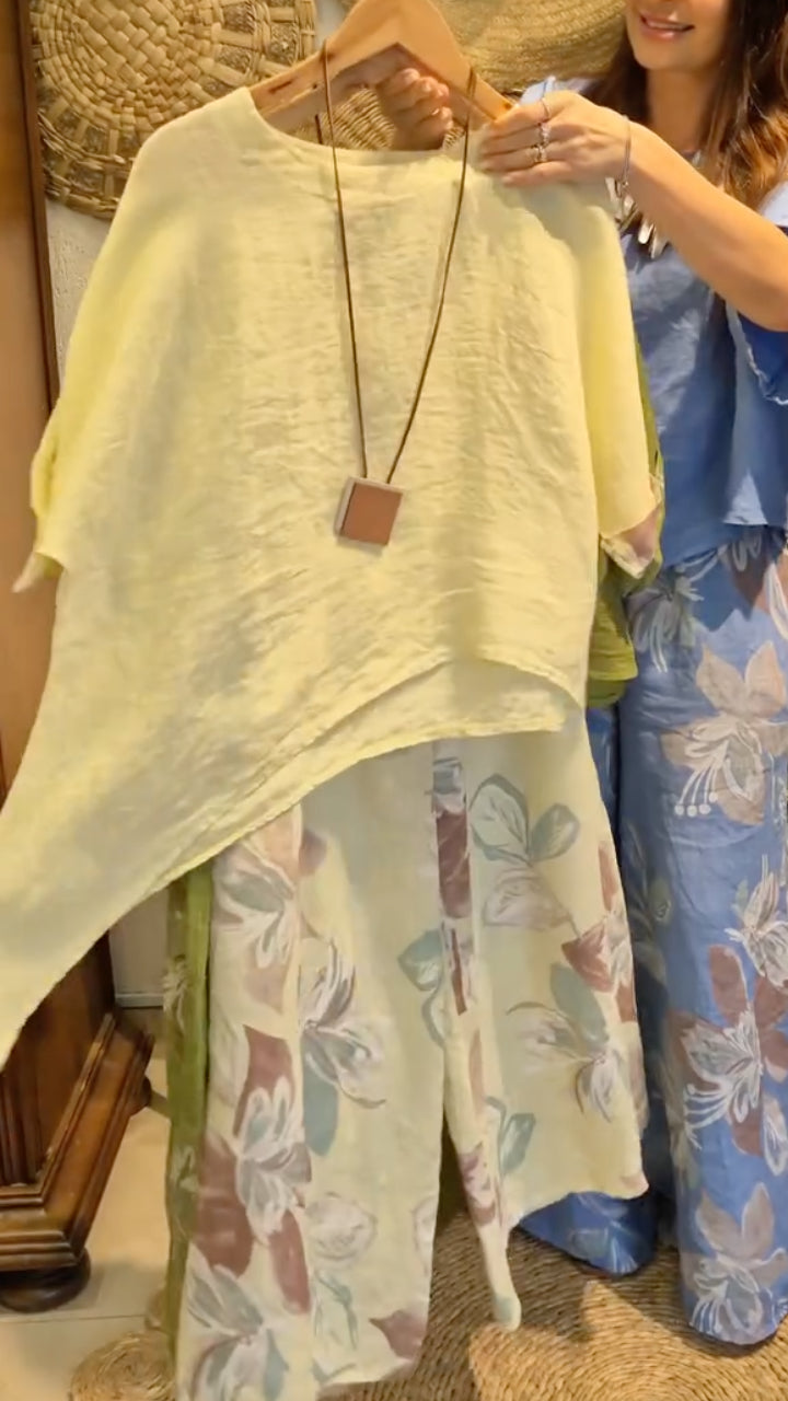 Women's Round Neck Printed Loose Cotton And Linen Suit