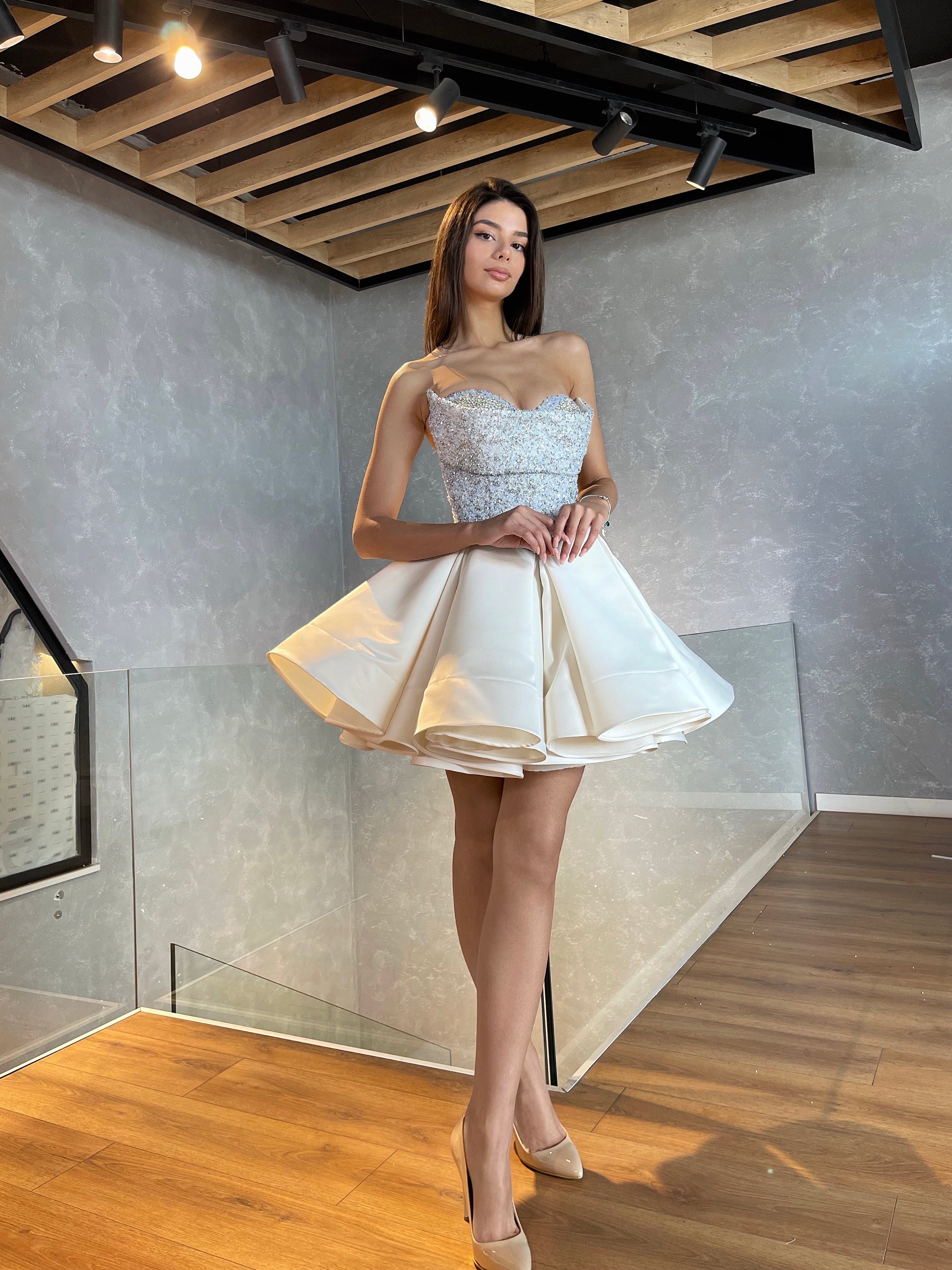 Short Satin Dress with Beaded Corset