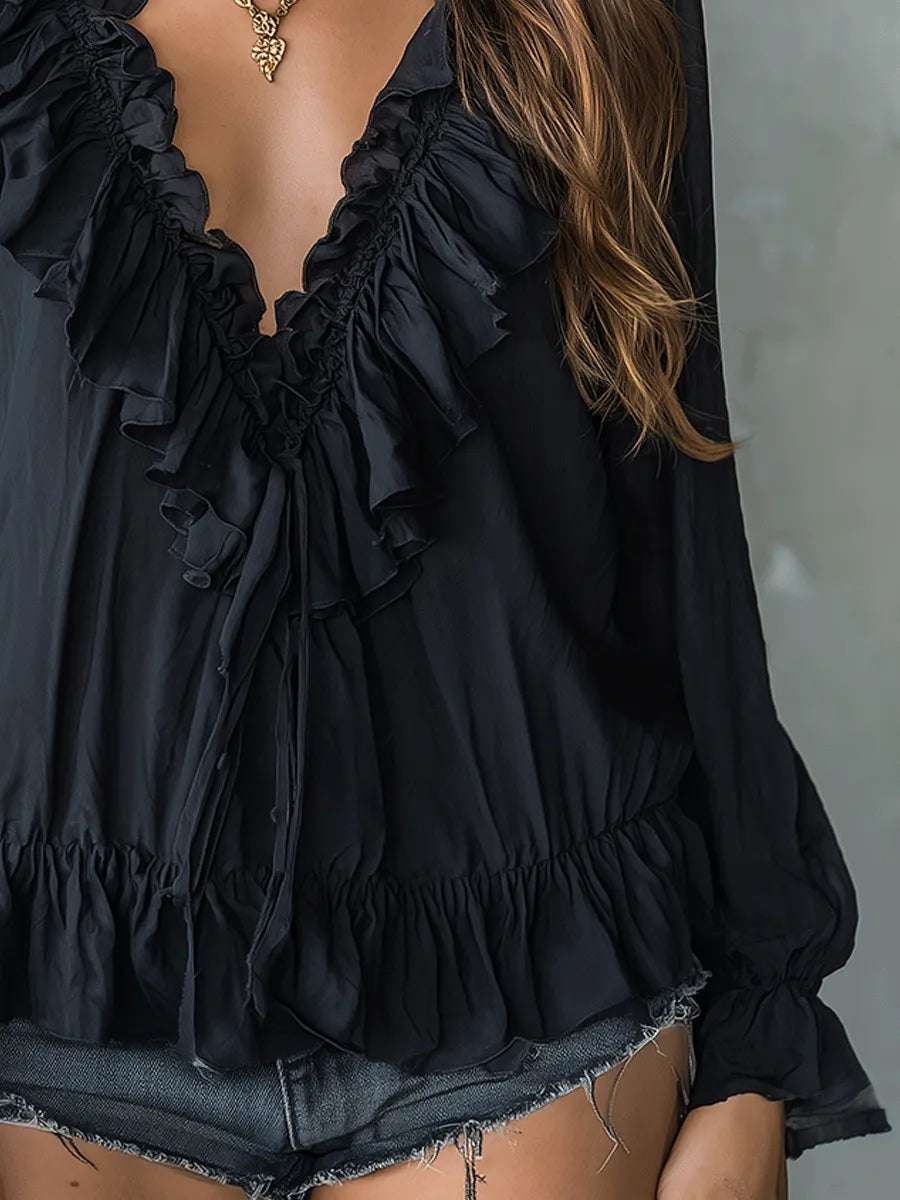 Romantic Bohemian Ruffle Trim V-Neck Lightweight Black Blouse