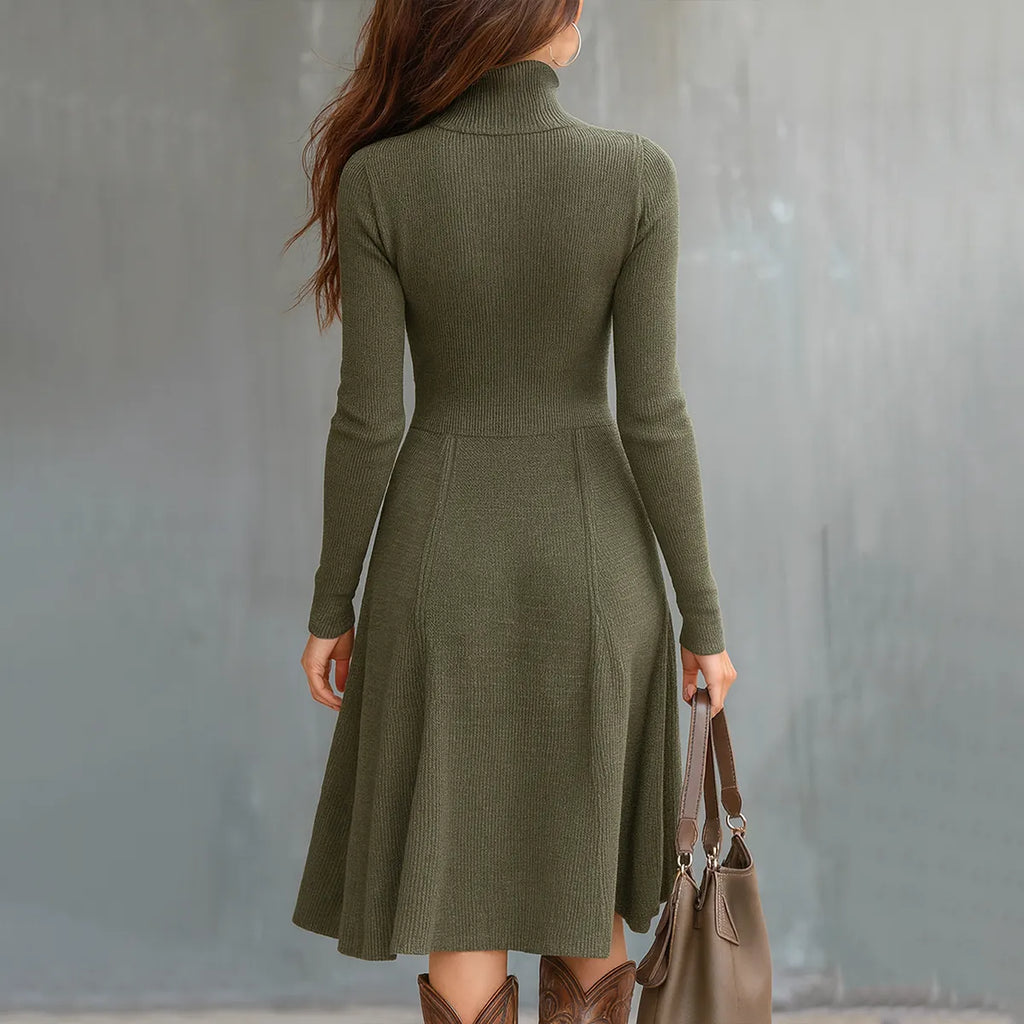 Vintage Zipper Neck Pocket Knit Midi Dress