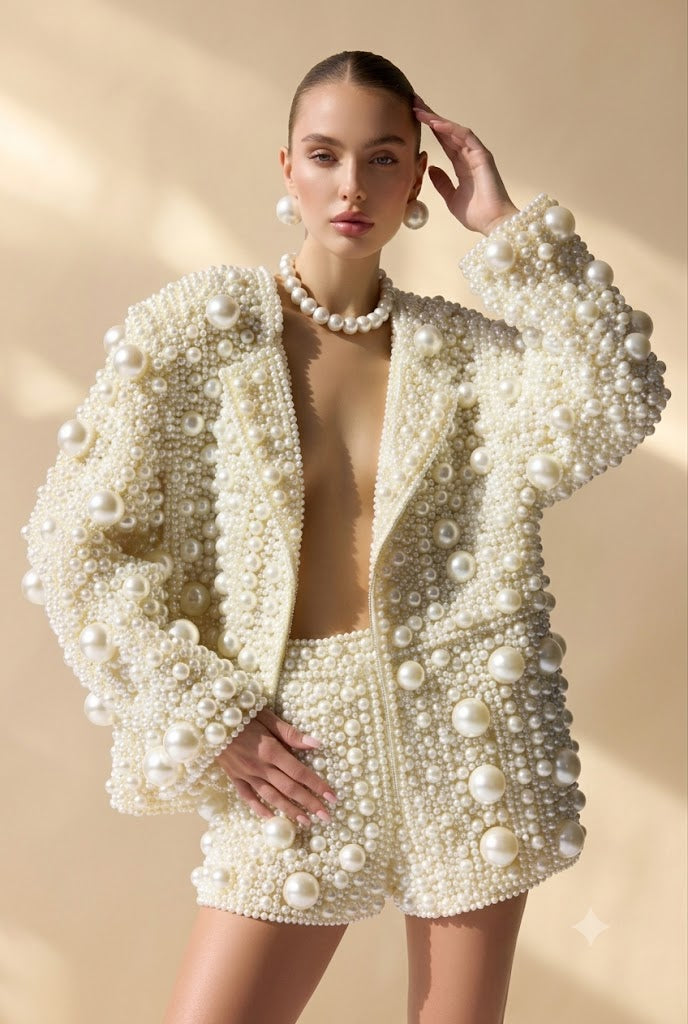 Statement Ivory Pearl Encrusted Jacket & Shorts Set - Handcrafted Luxury Two-Piece Suit
