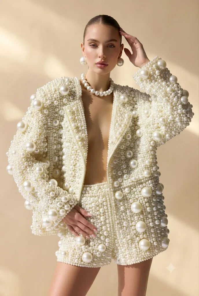 Statement Ivory Pearl Encrusted Jacket & Shorts Set - Handcrafted Luxury Two-Piece Suit