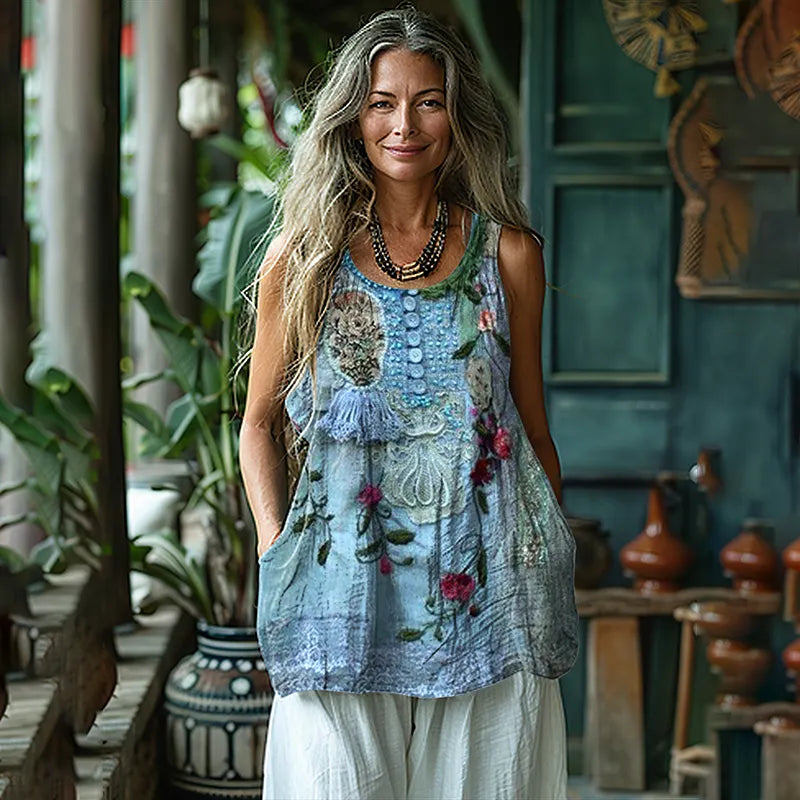 Vintage Floral Print Sleeveless Linen Blend Tank Top