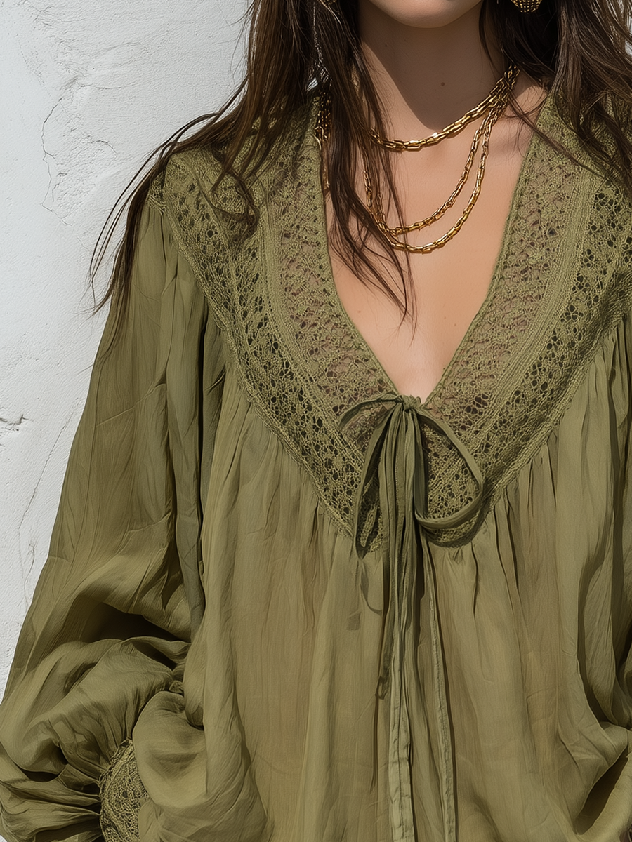 Bohemian Lace Trim Tie Front Blouse
