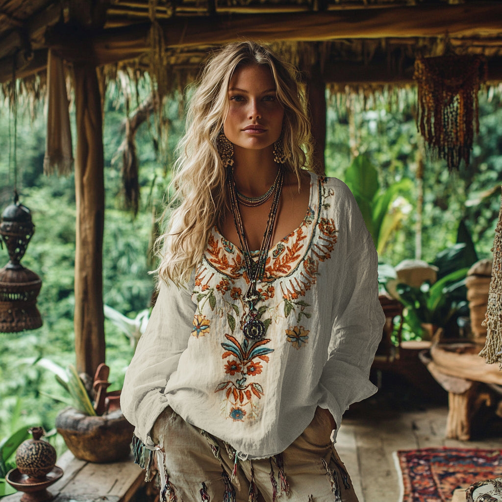 Vintage Bohemian Floral Embroidery Linen Blend Shirt