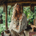 Vintage Bohemian Floral Embroidery Linen Blend Shirt