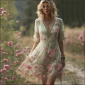 Bohemian Retro Countryside Style Plant Flower Design Cotton And Linen Woman's Dress