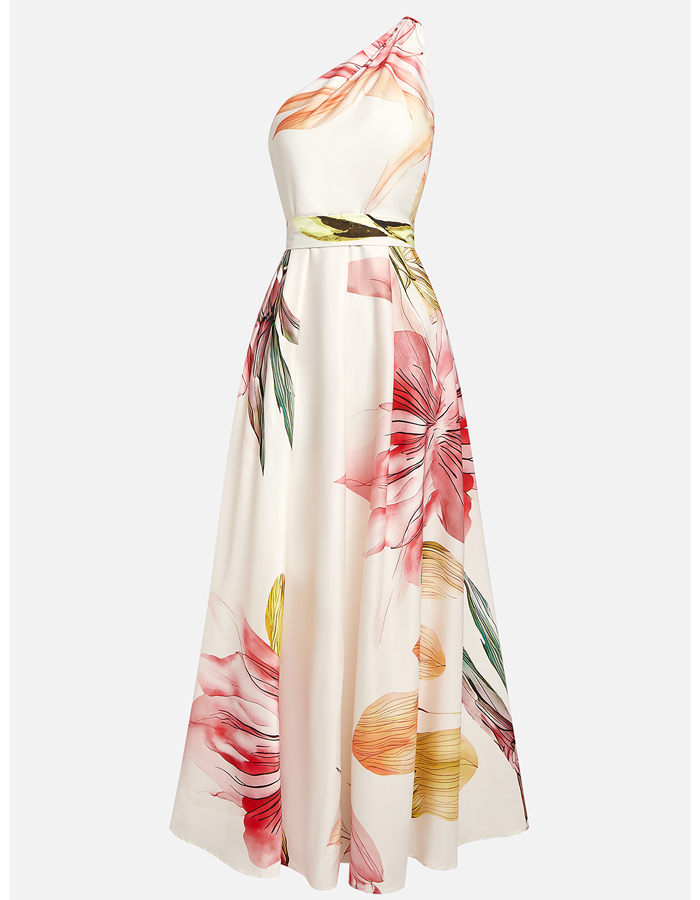 One-Shoulder Neckline With Floral Print A-Line Maxi Dress