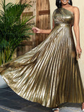Asymmetric Pleated Shiny Solid Color High Waisted Loose One-shoulder Maxi Dresses
