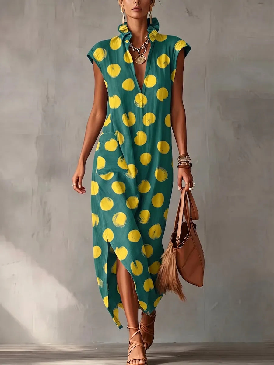 Artistic Brushstroke Polka Dot Cotton-linen Dress