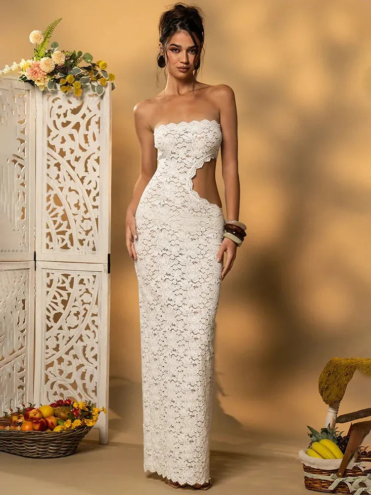 Azmira Strapless Lace Maxi Dress – White & Mustard Yellow Cut-Out Beach Holiday Dress